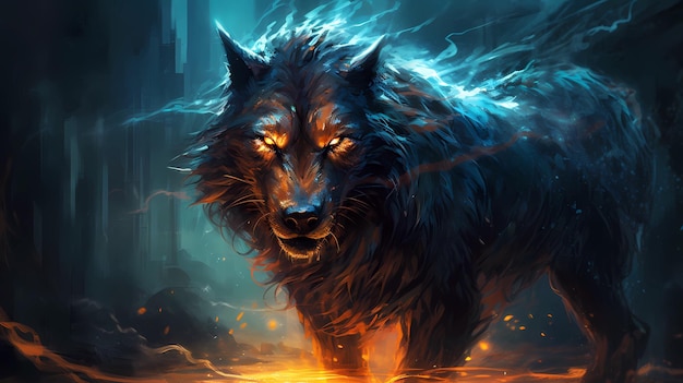 A wolf with glowing eyes walks through a fire.