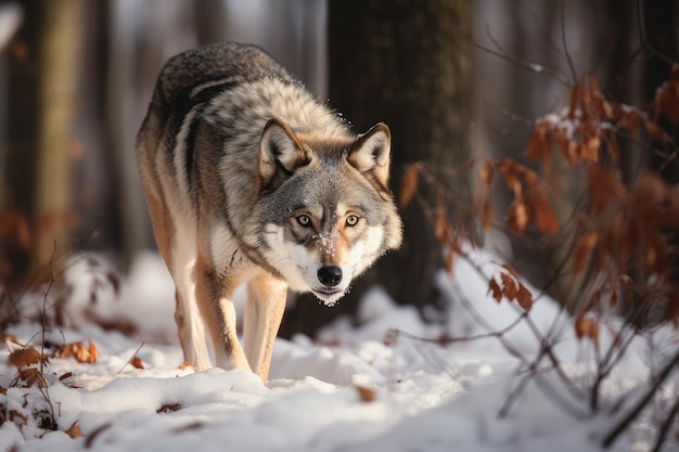 Wolf with its muzzle and fur covered in snow sneaking through the forest