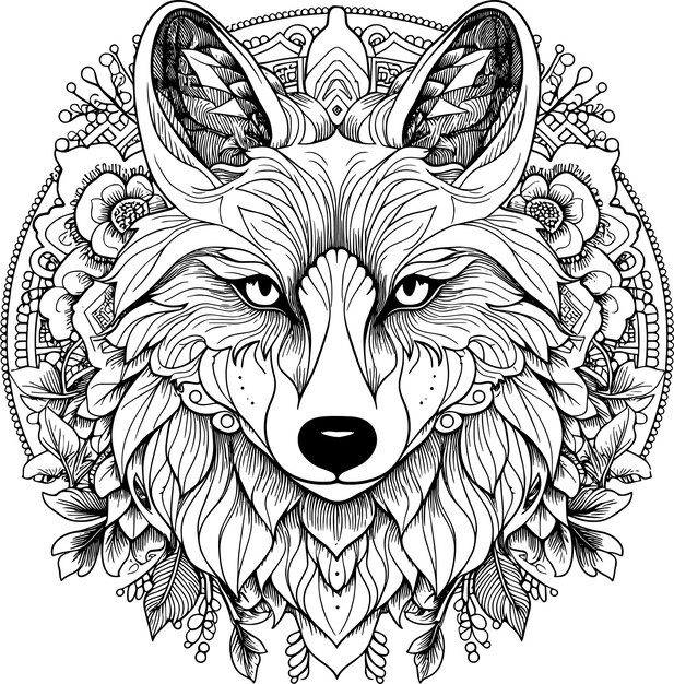 a wolf with a pattern of flowers and leaves