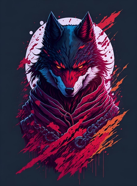 A wolf with a red and blue eyes and a red circle on the bottom.