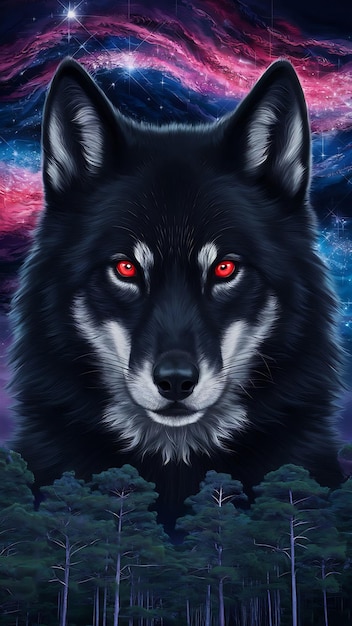 a wolf with red eyes and a black background