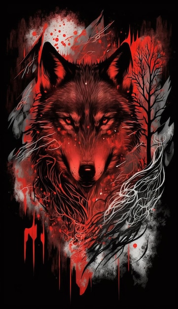 A wolf with a red face and a black background with a red light on it.