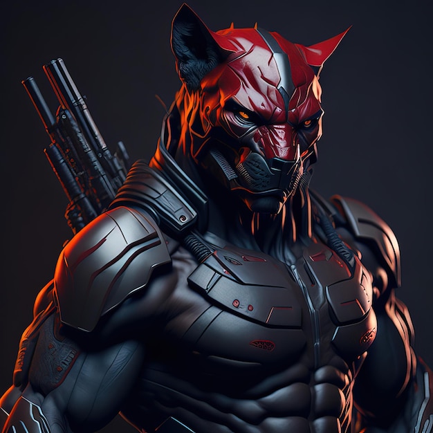 A wolf with a red face and a bow on his head stands in front of a dark background.