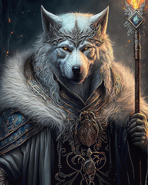 A wolf with a staff in his hands is standing in front of a dark background.