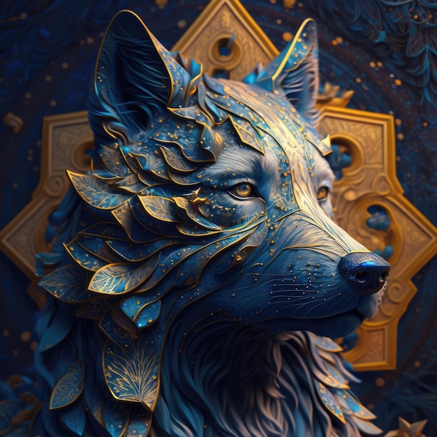 Wolf with starry eyes in blue and gold generative ai