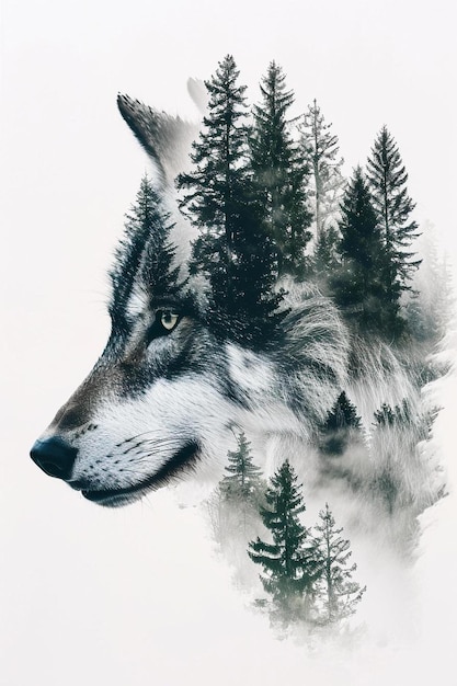 a wolf with trees in the background