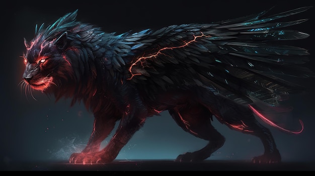 A wolf with wings and tail that says'fire'on it