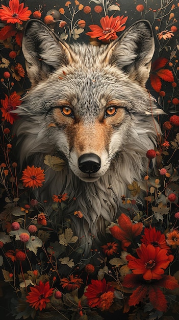 a wolf with a wolf in the background of flowers