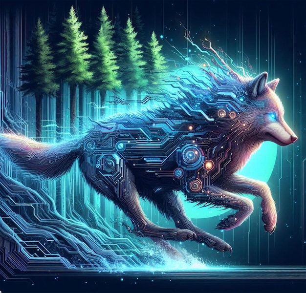 a wolf with a wolf on its back is shown in a picture of trees