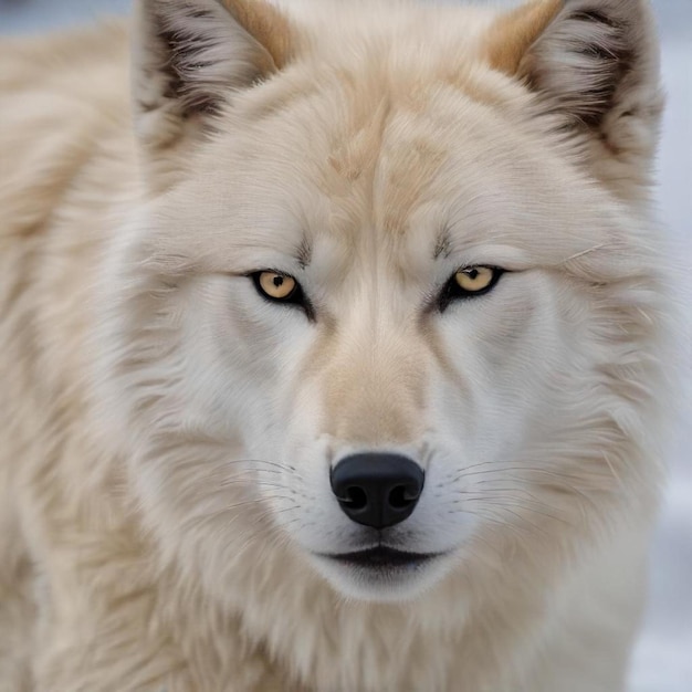 a wolf with yellow eyes and a black nose and a yellow eye