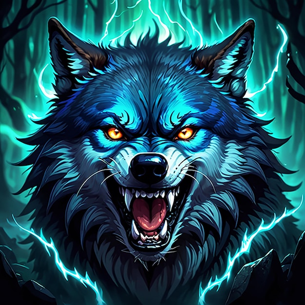 a wolf with yellow eyes and a blue background of the wolf with yellow eyes