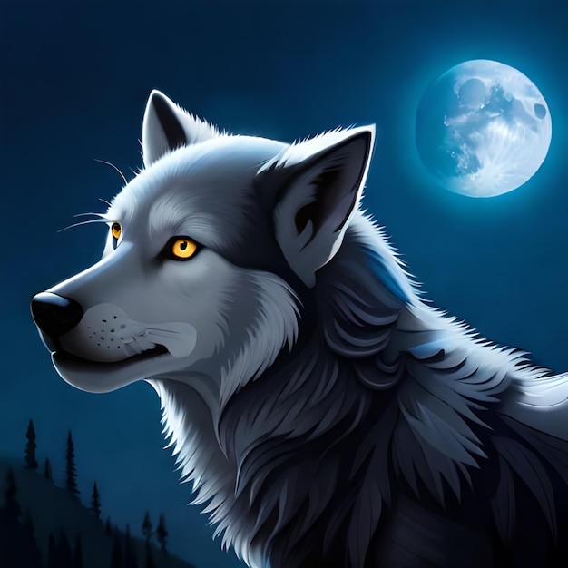 A wolf with yellow eyes and a full moon in the background.