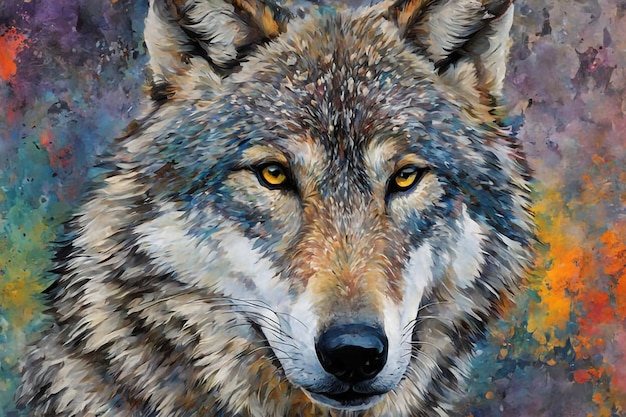 a wolf with yellow eyes is painted on a blue background