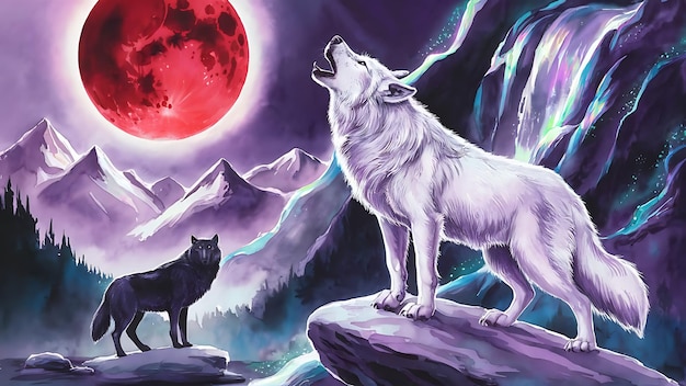 a wolf and a wolf are on a mountain with the moon behind them