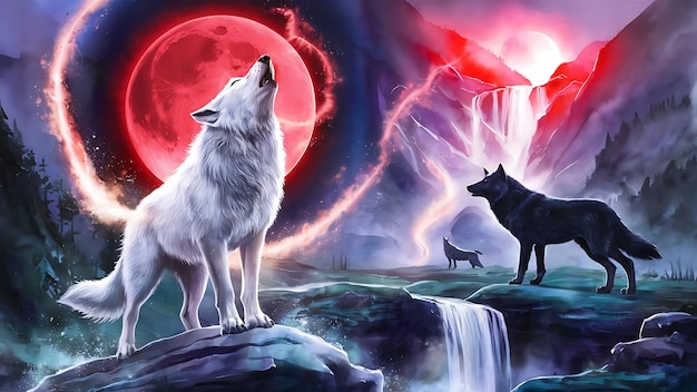 a wolf and wolf are on a rock with a red moon in the background