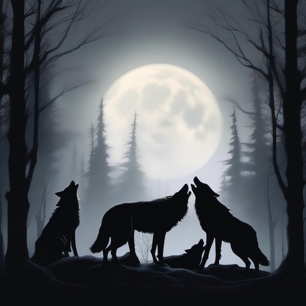 Photo a wolf and wolves howling at the moon