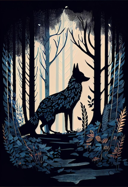 A wolf in the woods with a moon in the background