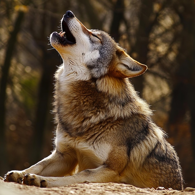 A wolf yawning in the woods with its mouth open