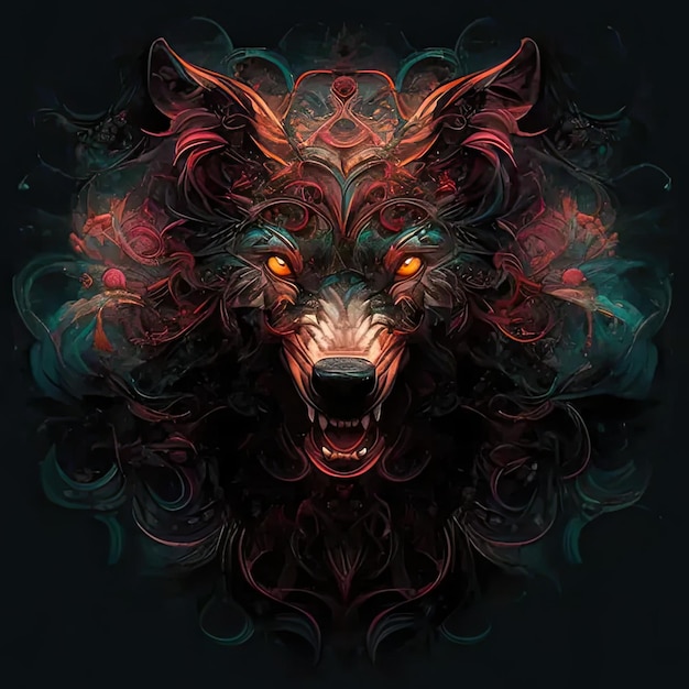 A wolfs head with glowing eyes on a black background