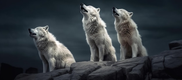 wolves howl on a rock at night in forest background