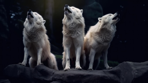 wolves howl on a rock at night in forest background