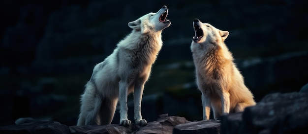 wolves howl on a rock at night in forest background