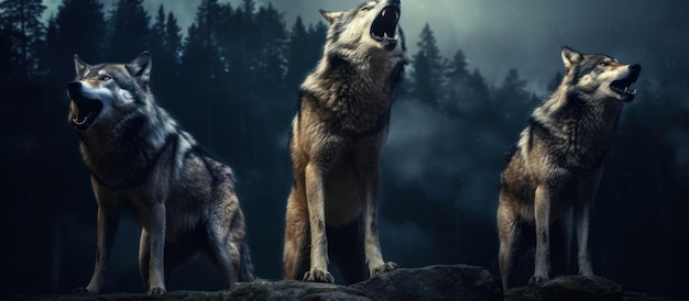 wolves howl on a rock at night in forest background