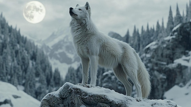 Wolves Howling Under Full Moon Amidst Snowy Mountains and Pine Forest in Mystical Illustra