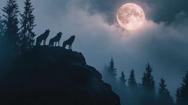 Photo wolves howling at the full moon