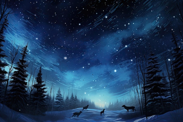 Wolves hunt together under a starlit winter sky