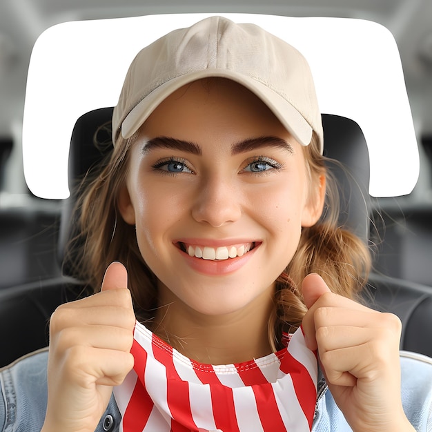 Photo woma in the car holding a waving american usa flag isolated on white background