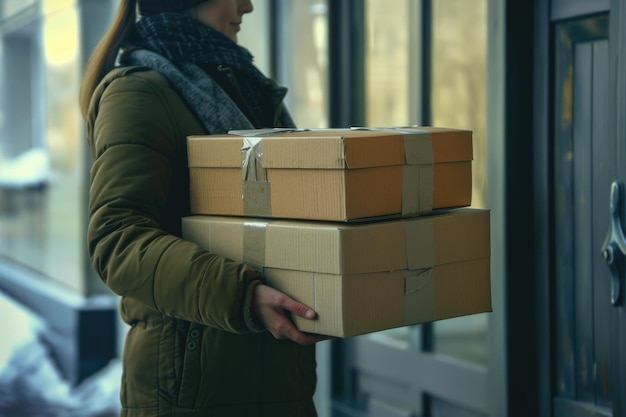 Woman accepting delivery from deliveryman of multiple boxes