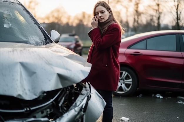 A woman in an accident is standing in front of her injured car Generative AI