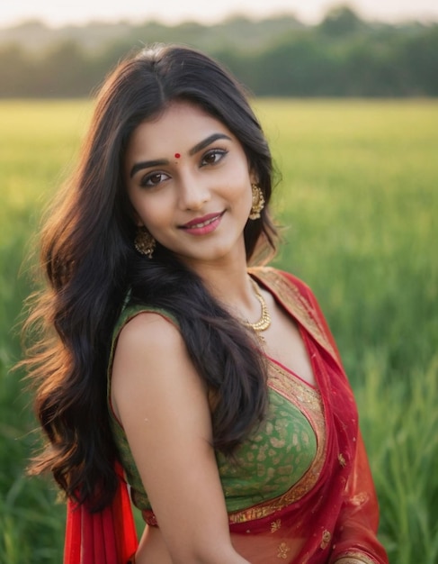 A woman in acoloure full sari stands in a field of wheatgramin envermant