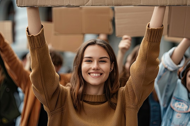 Photo woman activist leading the demonstrations raising hands and holding blank cardboard