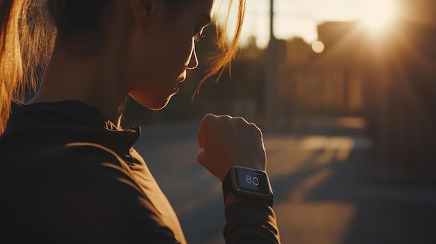 Photo woman adjusting her smartwatch while preparing for a workout in a brightly lit environment