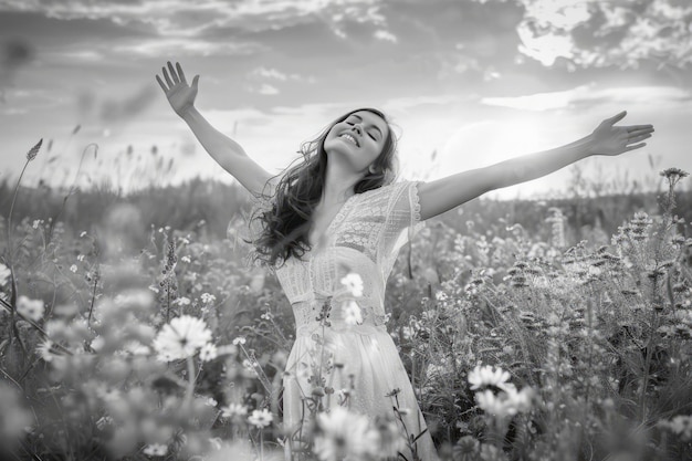 Photo woman admiring a field of wildflowers she twirls among the blooms in a moment of pure joy