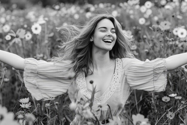 Photo woman admiring a field of wildflowers she twirls among the blooms in a moment of pure joy