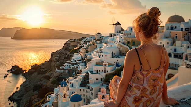 Woman Admiring Sunset over Santorini