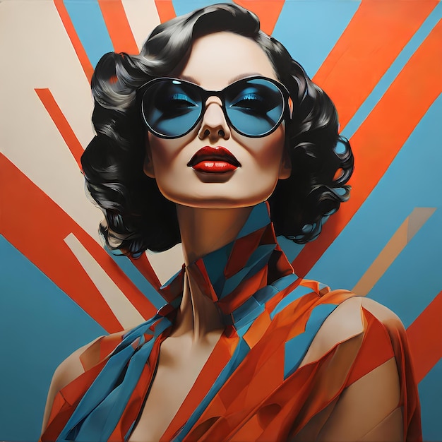 a woman adorned in red and blue lipstick and glasses