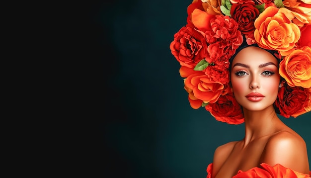 Photo woman adorned vibrant floral headdress showcasing hispanic heritage through cultural celebration