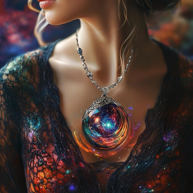 Photo a woman adorned with a cosmic glass pendant