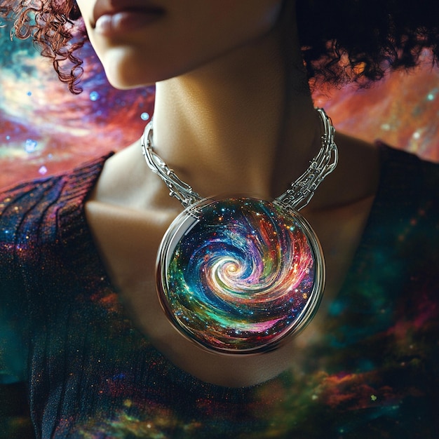 Photo a woman adorned with a cosmic glass pendant