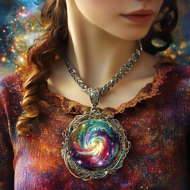 Photo a woman adorned with a cosmic glass pendant