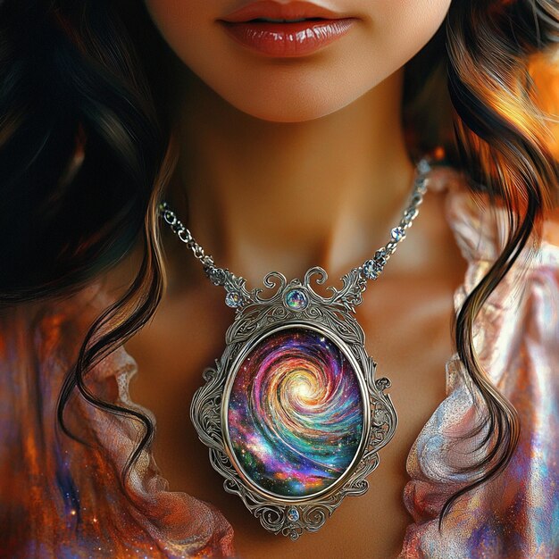 Photo a woman adorned with a cosmic glass pendant