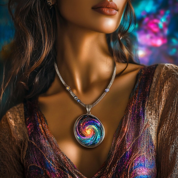 Photo a woman adorned with a cosmic glass pendant