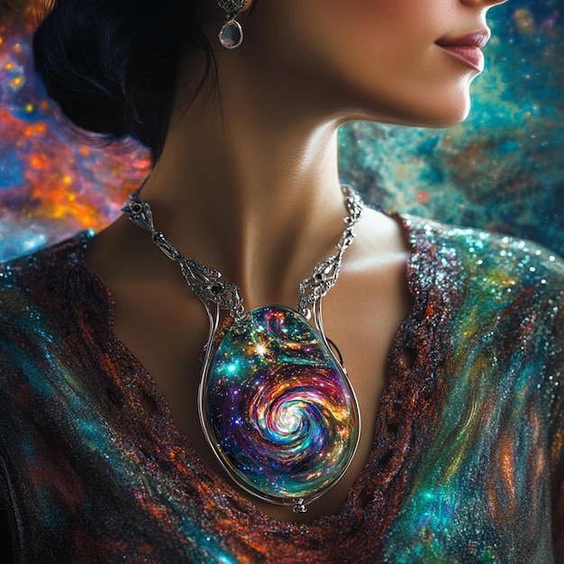 A Woman Adorned with a Cosmic Glass Pendant