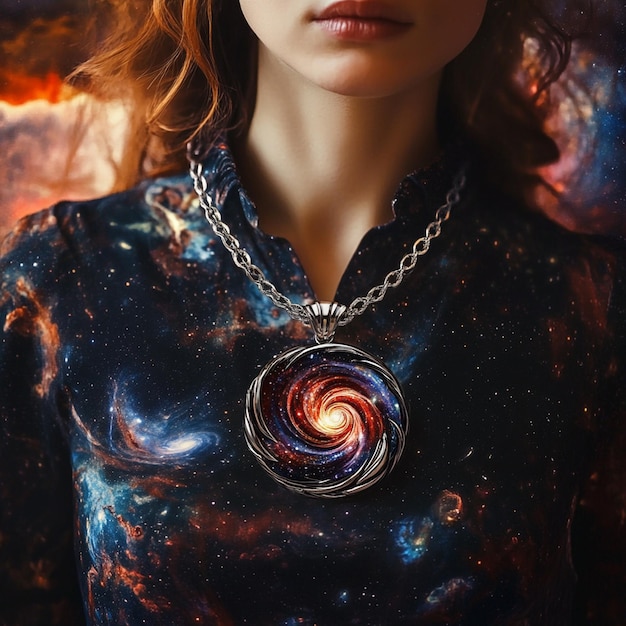 Photo a woman adorned with a cosmic glass pendant