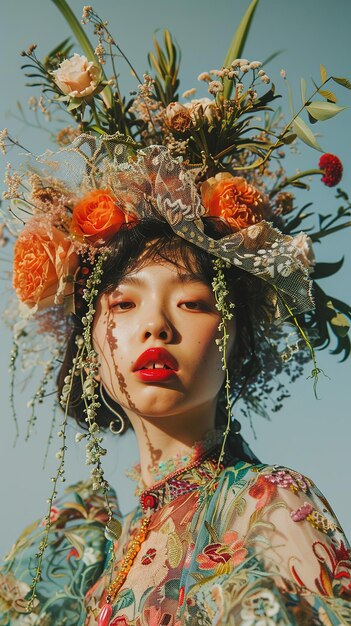 Photo a woman adorned with flowers