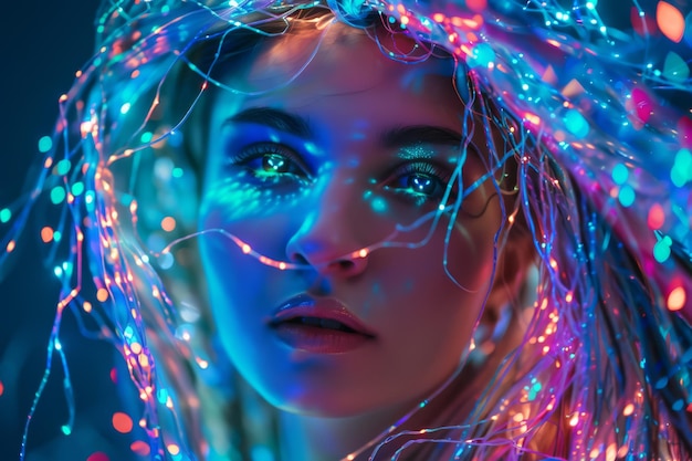 Woman Adorned with Glowing Multicolored Lights in Close Up